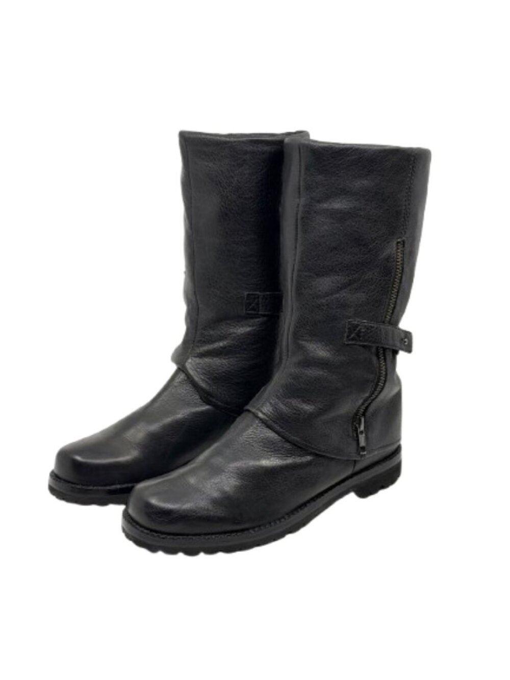 GENTLE SOULS~ Black Grain Leather Mid-Calf Lug Sole Moto Biker Boots - Women's 8